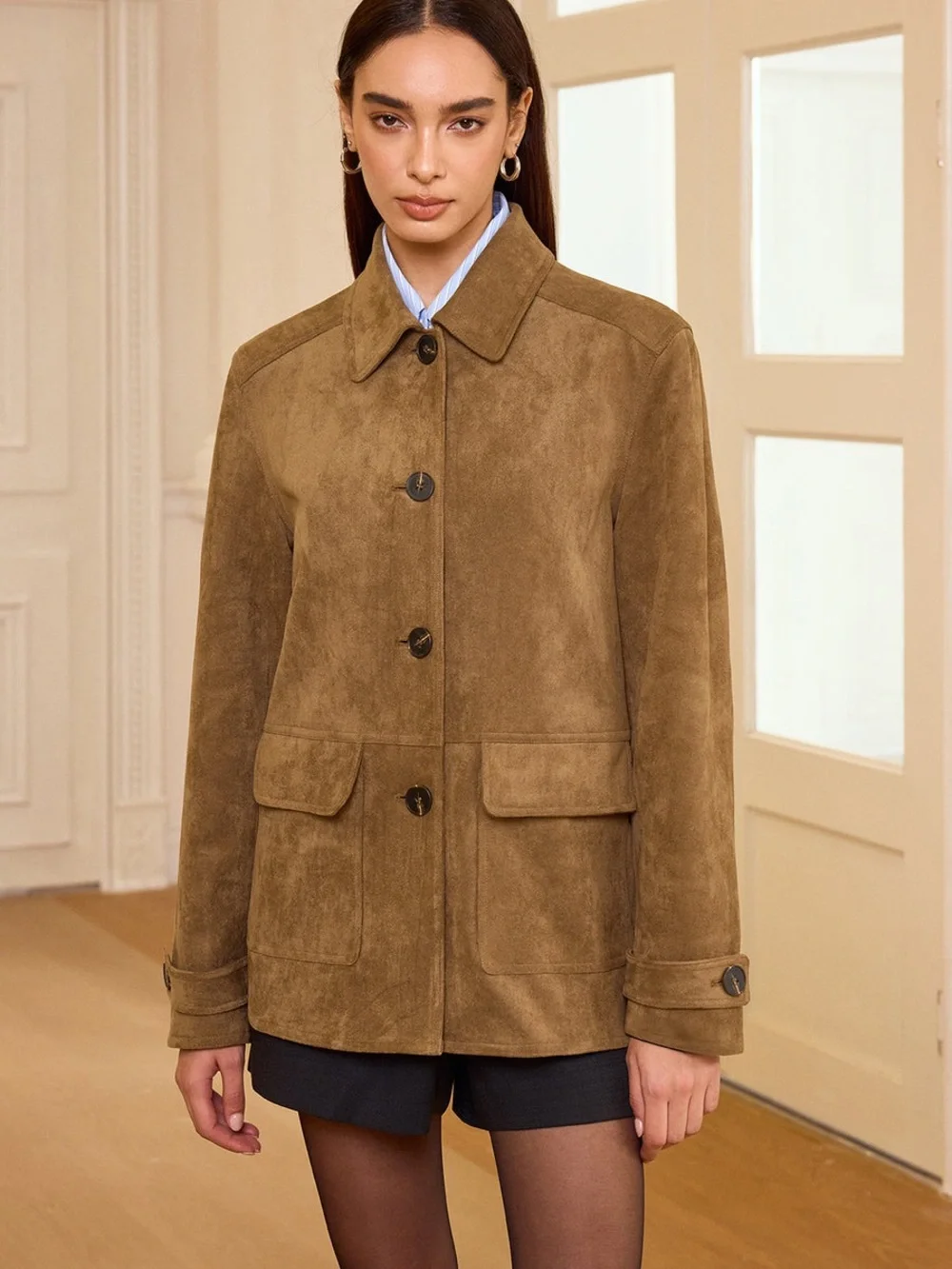 Commense Collared Button-Front Suede Effect Blazer - Picture 6 of 7